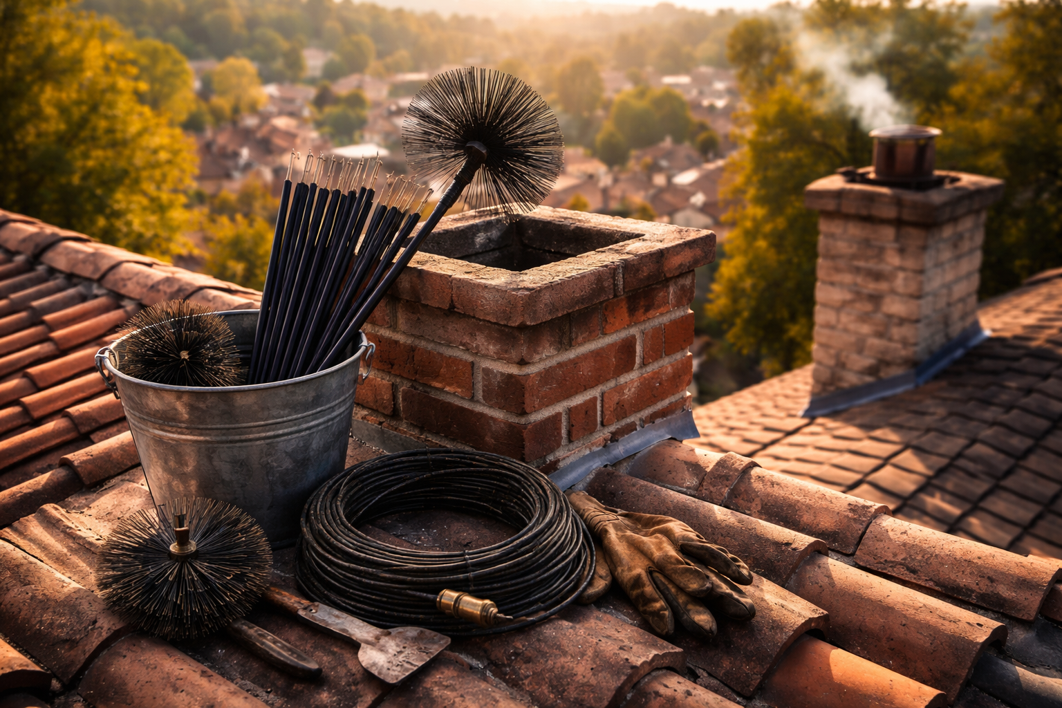 Outils de ramonage sur un toit de tuiles rouges : brosses, seau et vue sur une ville.