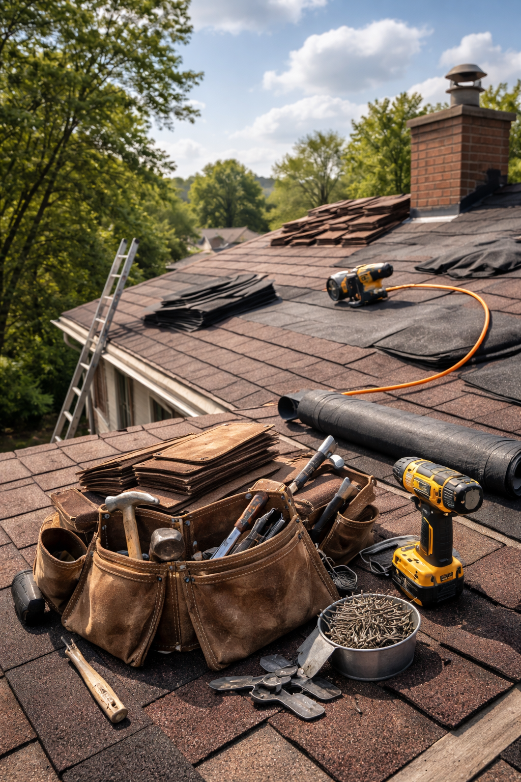 Toiture avec outils de couverture : marteau, perceuse, clous, bardeaux et rouleau de matériau.