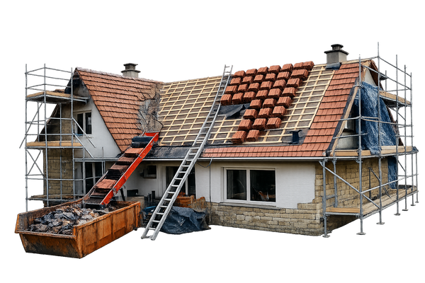 Maison en cours de réparation de toiture avec échafaudages et matériaux.