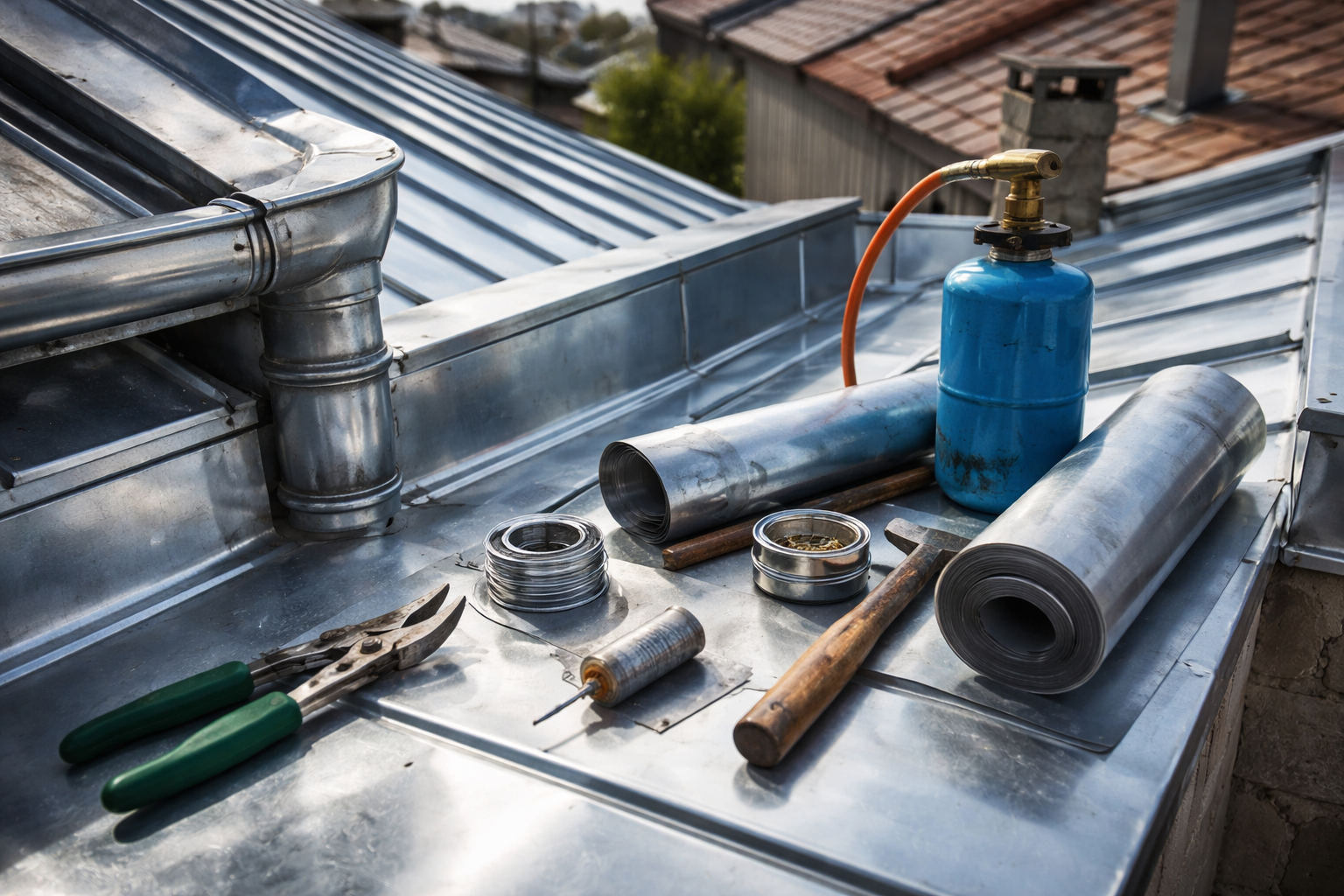 Toiture avec matériaux de toiture métallique, outils et une bonbonne de propane.