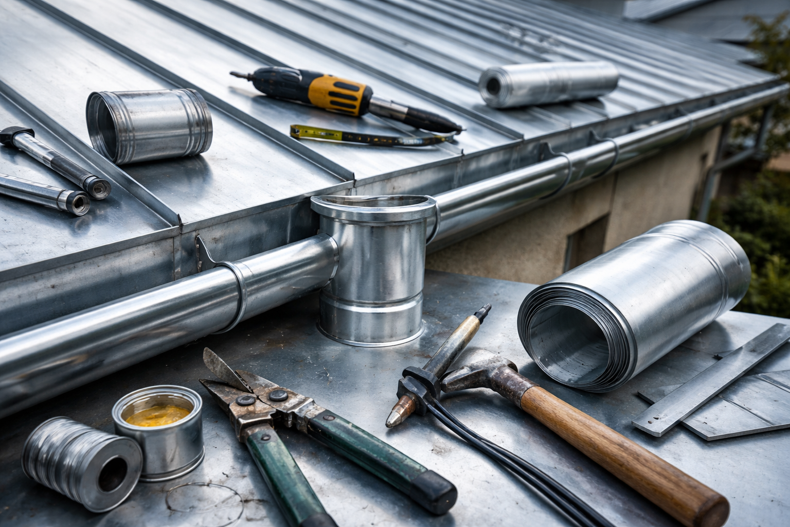 Matériaux et outils pour toiture métallique sur un toit : cylindres, pinces, soudure, marteau.
