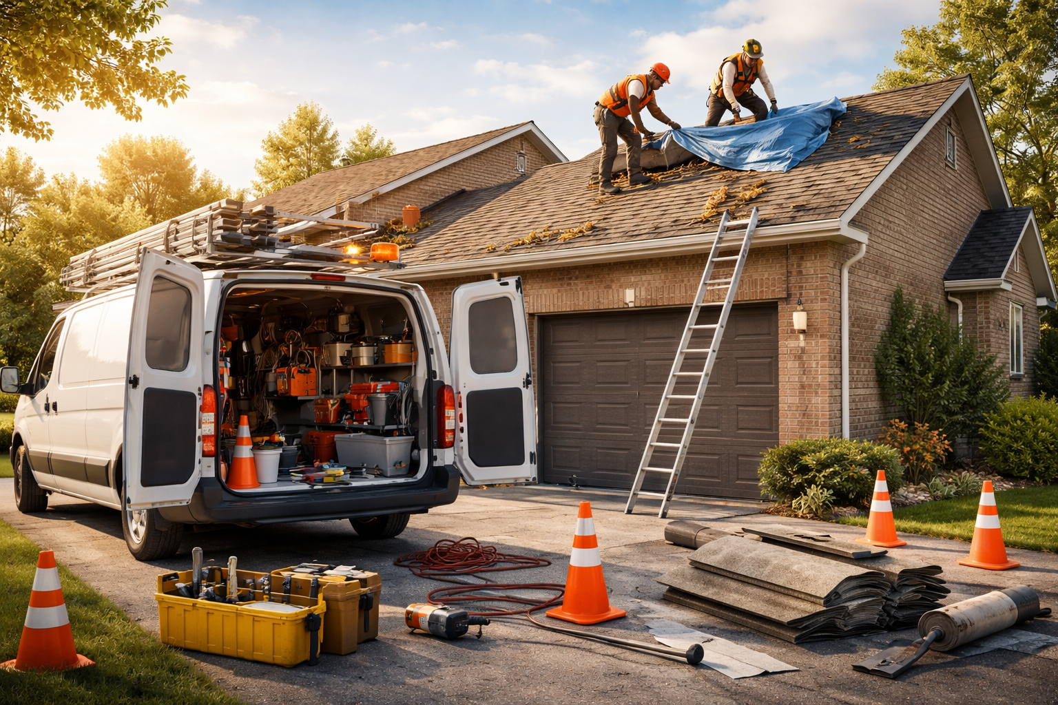 Deux couvreurs réparent un toit endommagé. Une camionnette contenant des outils et du matériel est garée devant la maison.