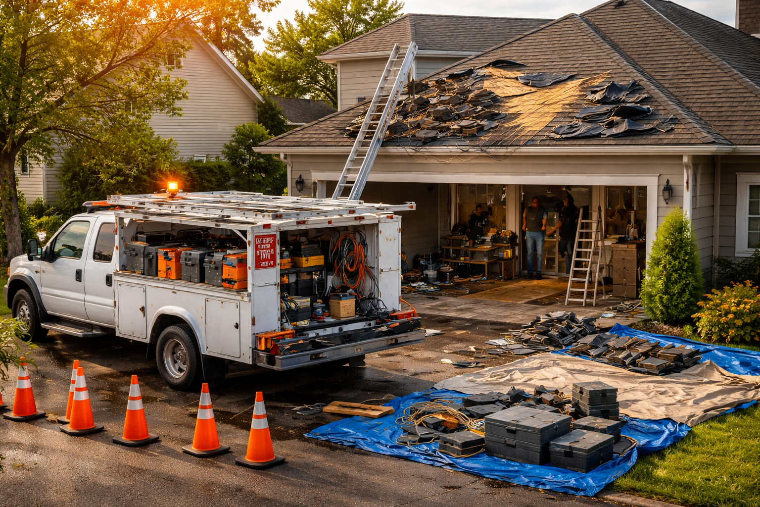 Camion à outils stationné près d'une maison au toit endommagé et jonchée de débris de chantier. Cônes orange.