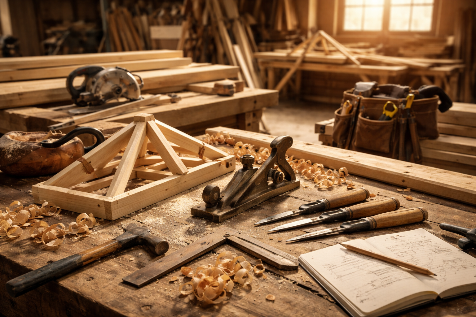 Établi de menuisier avec outils, morceaux de bois et un croquis.