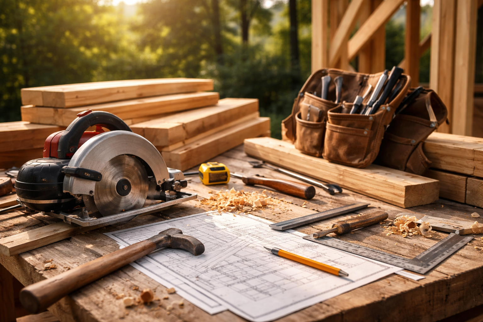 Scie circulaire et outils sur un établi avec des plans, du bois et une ceinture porte-outils.