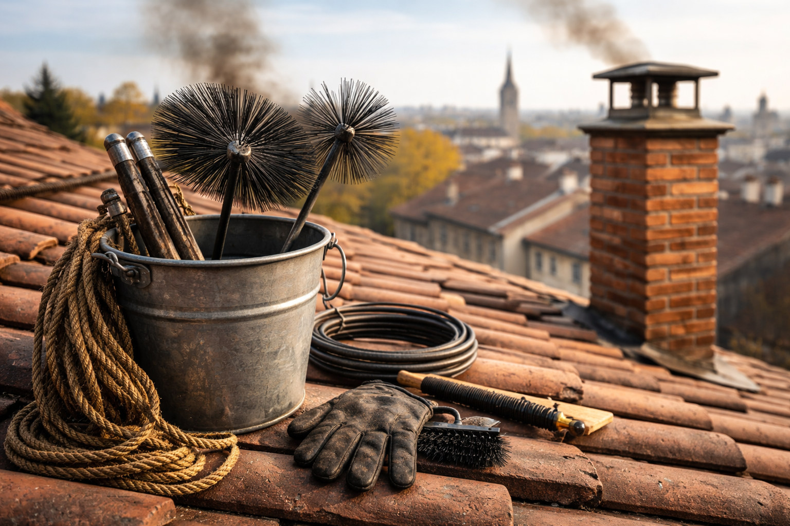 Outils de ramoneur sur un toit de tuiles rouges : seau avec brosses, corde enroulée, gants.