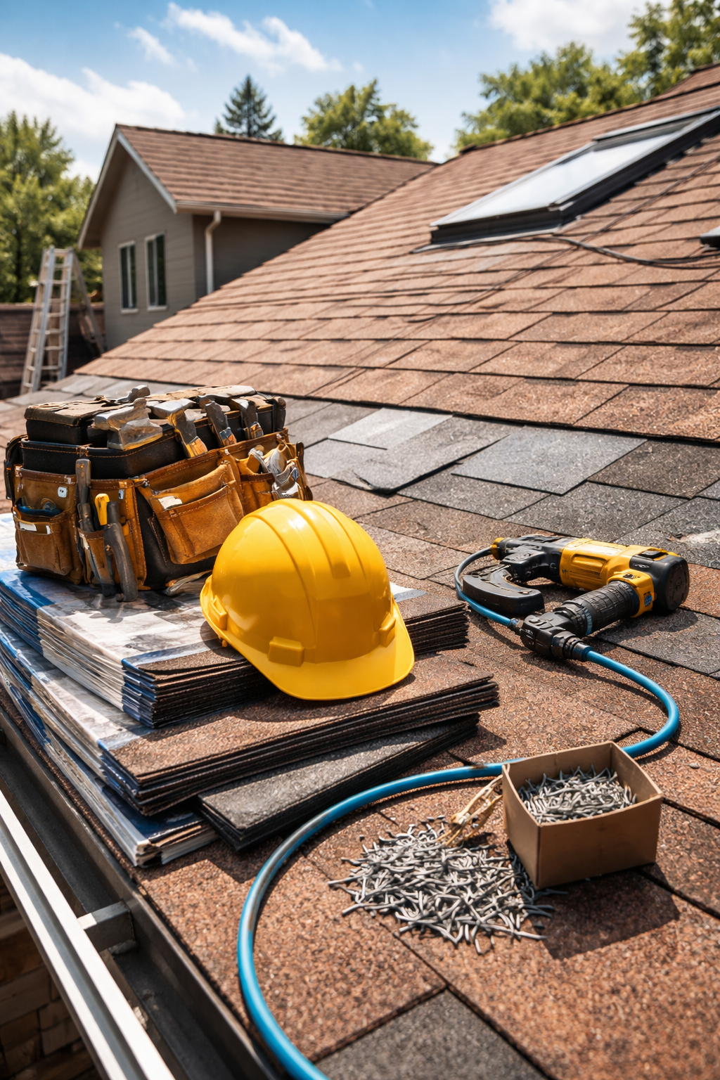 Matériel de toiture, notamment bardeaux, casque de chantier et cloueuse pneumatique,.