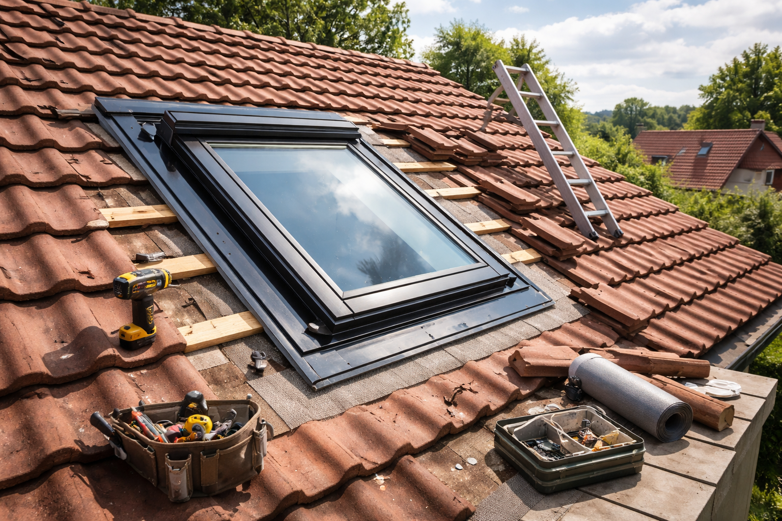 Installation d'un puits de lumière sur un toit de tuiles rouges, avec outils et échelle, par une belle journée ensoleillée.