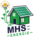 Logo de MHS Energie avec une serre, un toit solaire, un soleil et un motif de vigne en forme de feuille