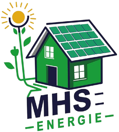 Logo de MHS Energie avec serre, panneaux solaires, soleil et lianes.