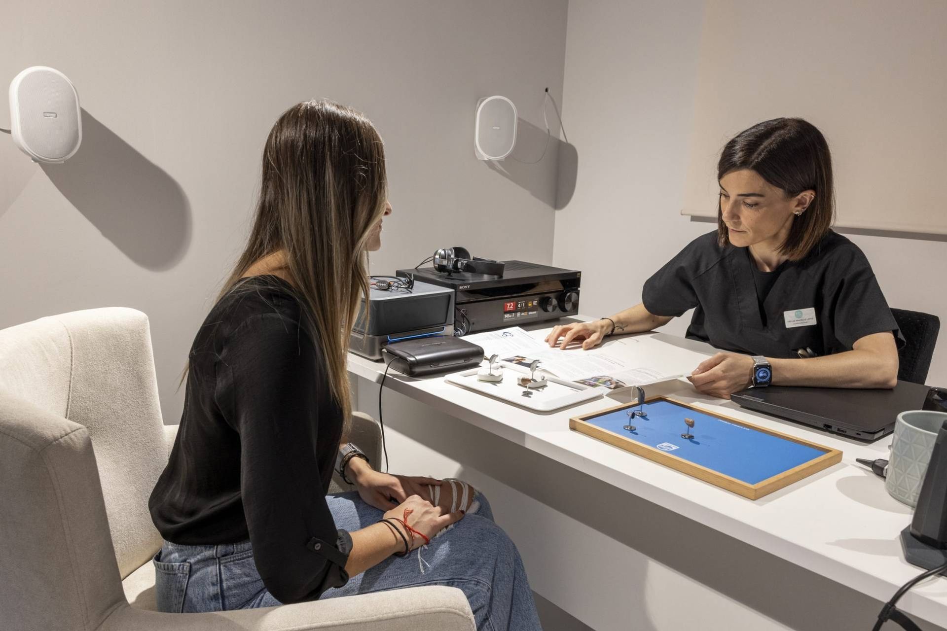 Una mujer está sentada en un escritorio hablando con otra mujer.