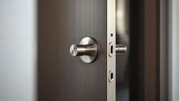 Gros plan sur une poignée de porte moderne en argent sur une porte en bois foncé.