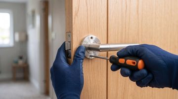 Des mains gantées utilisent un tournevis pour ajuster une serrure de porte argentée.