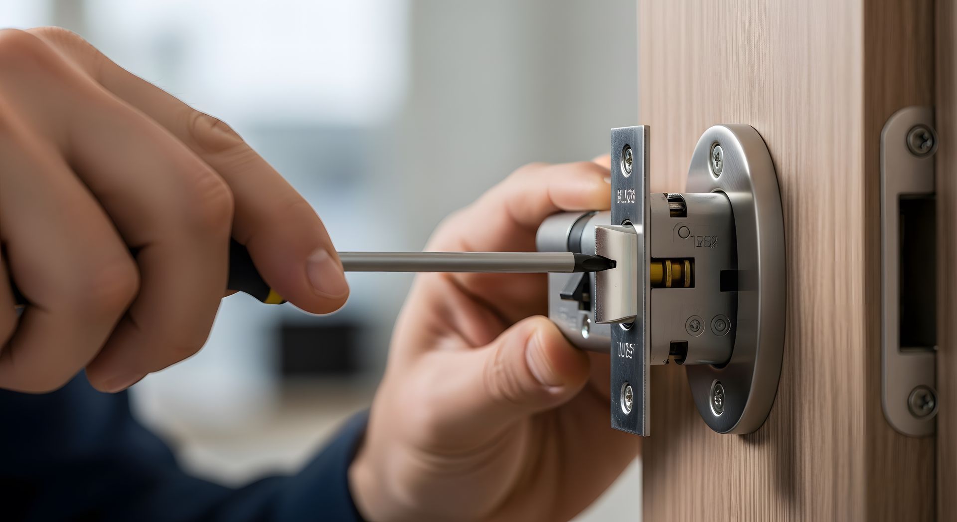 Des mains utilisent un tournevis pour régler le loquet d'une serrure sur une porte en bois.