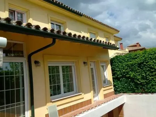 Una casa amarilla con ventanas blancas y un canalón verde