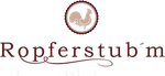 Logo: „Ropferstub‘m“ mit einem Hahn im Kreis, braune Schrift.