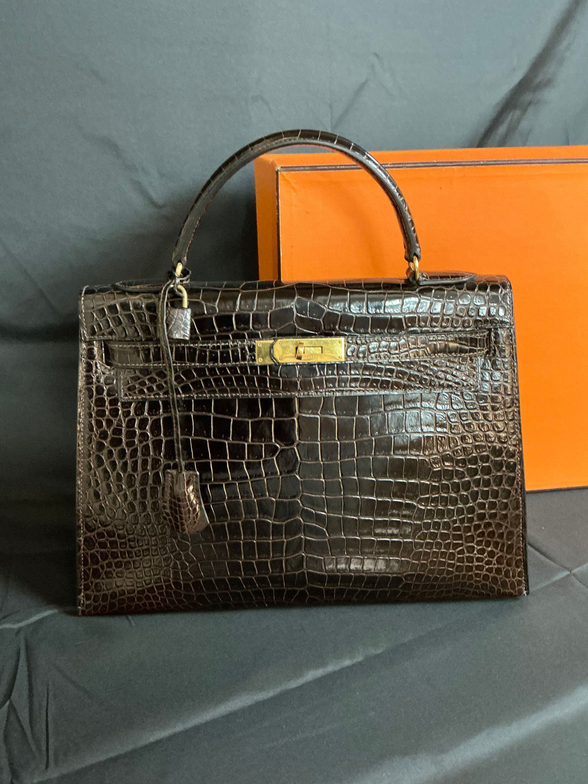 Sac à main Hermès en peau de crocodile marron avec finitions dorées, anse relevée, devant une boîte orange, sur fond sombre.