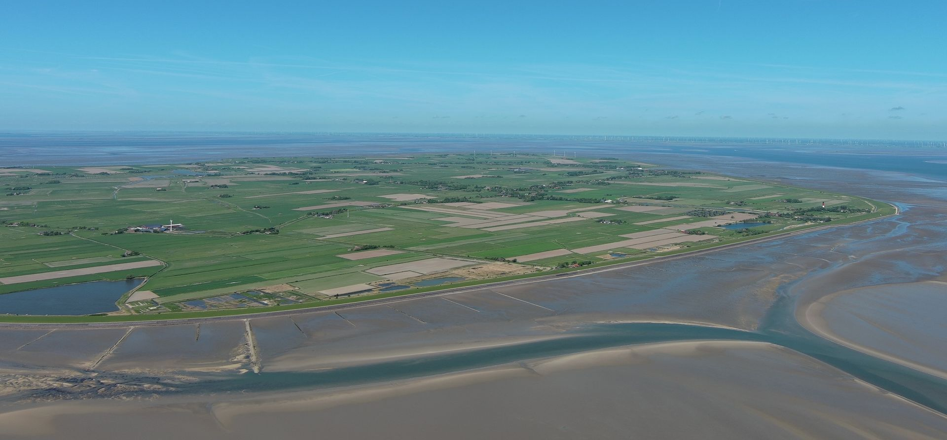 Luftaufnahme der Insel Pellworm mit Wattenmeer und Deich
