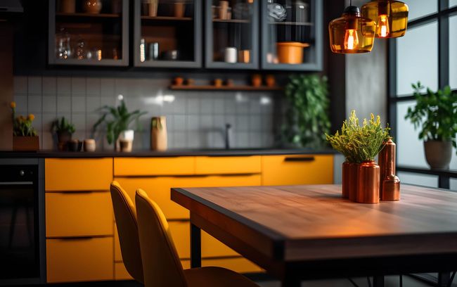 Una cocina con gabinetes amarillos y una mesa y sillas de madera.