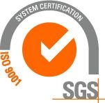 Logotipo de certificación del sistema de gestión de calidad ISO 9001 de SGS, que consiste en un círculo naranja con una marca de verificación.