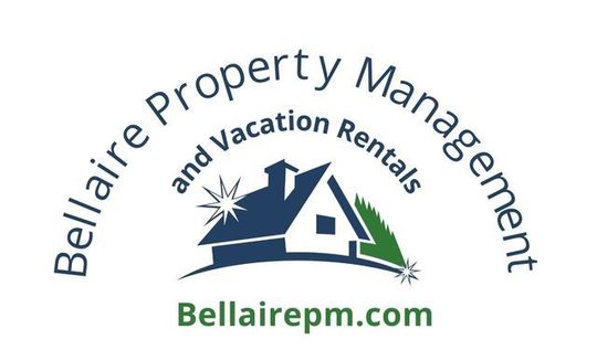Logo for Bellaire Property Management and Vacation Rentals: house graphic, website address, arched text.