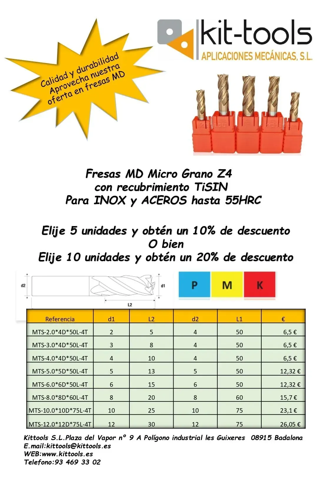 Un folleto de herramientas de kit muestra una lista de brocas