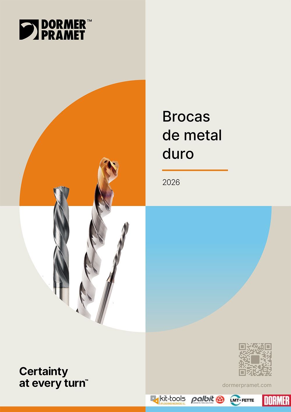 Portada del catálogo de productos de Dormer Pramet con brocas de carburo sólido, la marca y un código QR sobre un fondo segmentado.