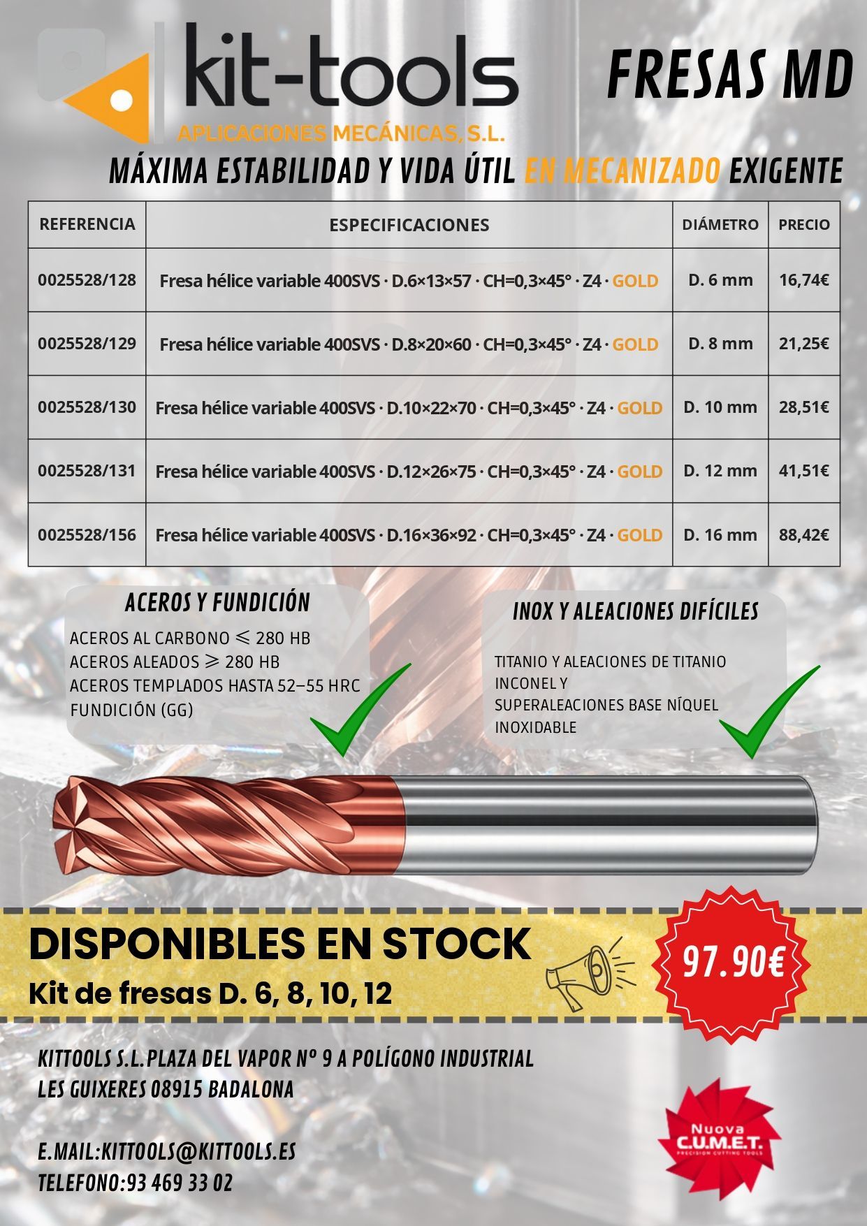 Un folleto de herramientas en kit muestra una imagen de una herramienta y una imagen de un trozo de madera.