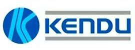 Un logotipo azul y blanco para Kendu sobre un fondo blanco.