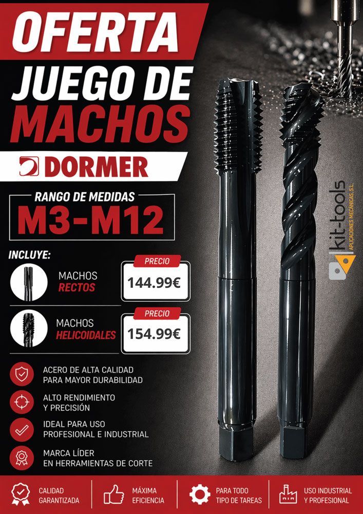Oferta de juego de machos Dormer M3-M12, fondo negro con dos herramientas metálicas y precios destacados.