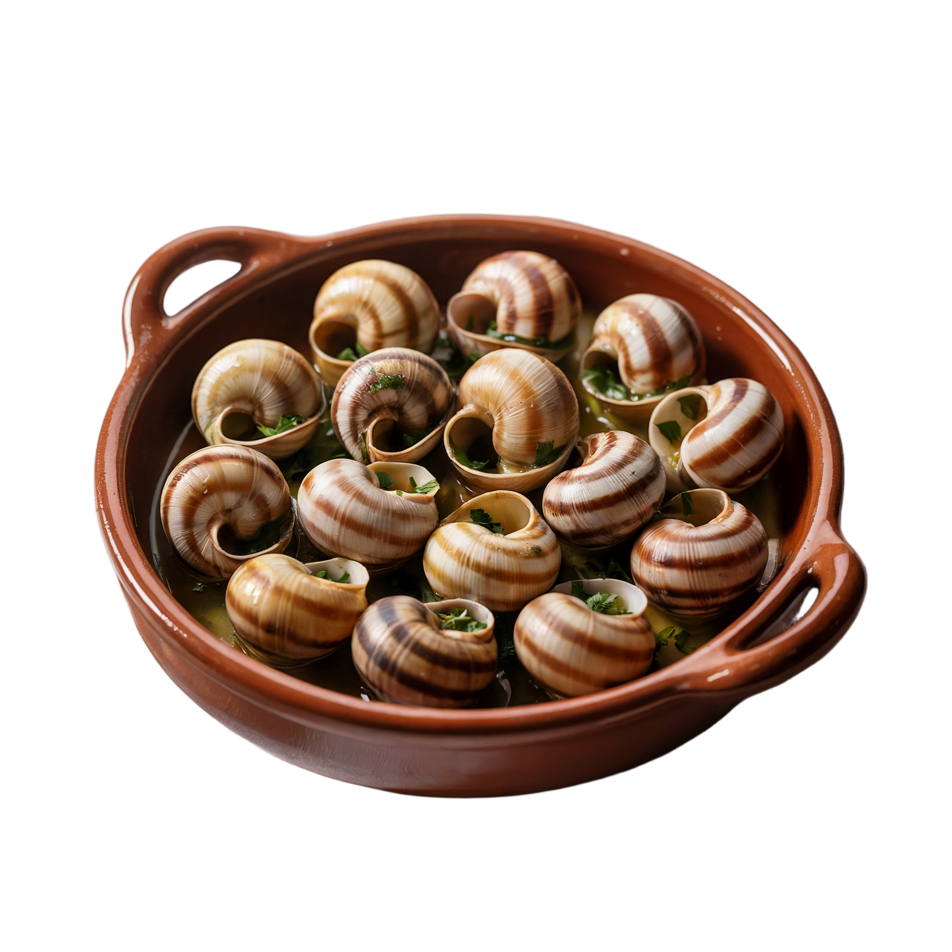 Bol de petits escargots cuits dans leur coquille, garnis d’herbes aromatiques, sur fond blanc.