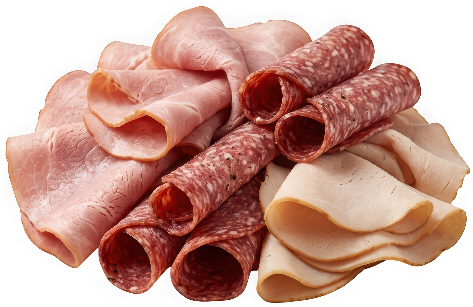 Assortiment de charcuteries, notamment du jambon et du salami tranchés.