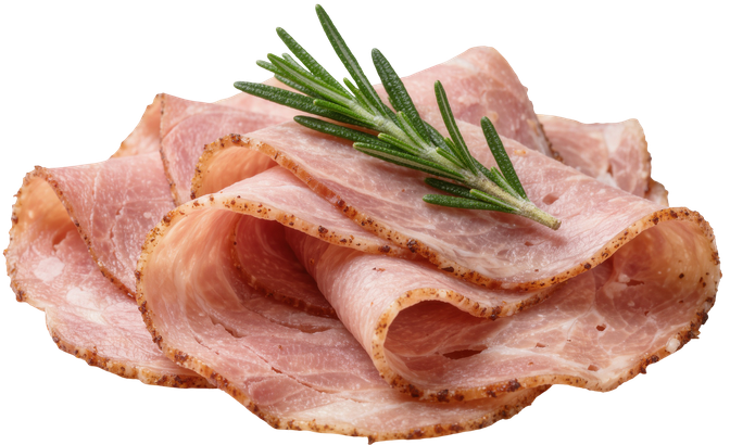 Tranches de jambon disposées sur un fond blanc, garnies d’un brin de romarin.