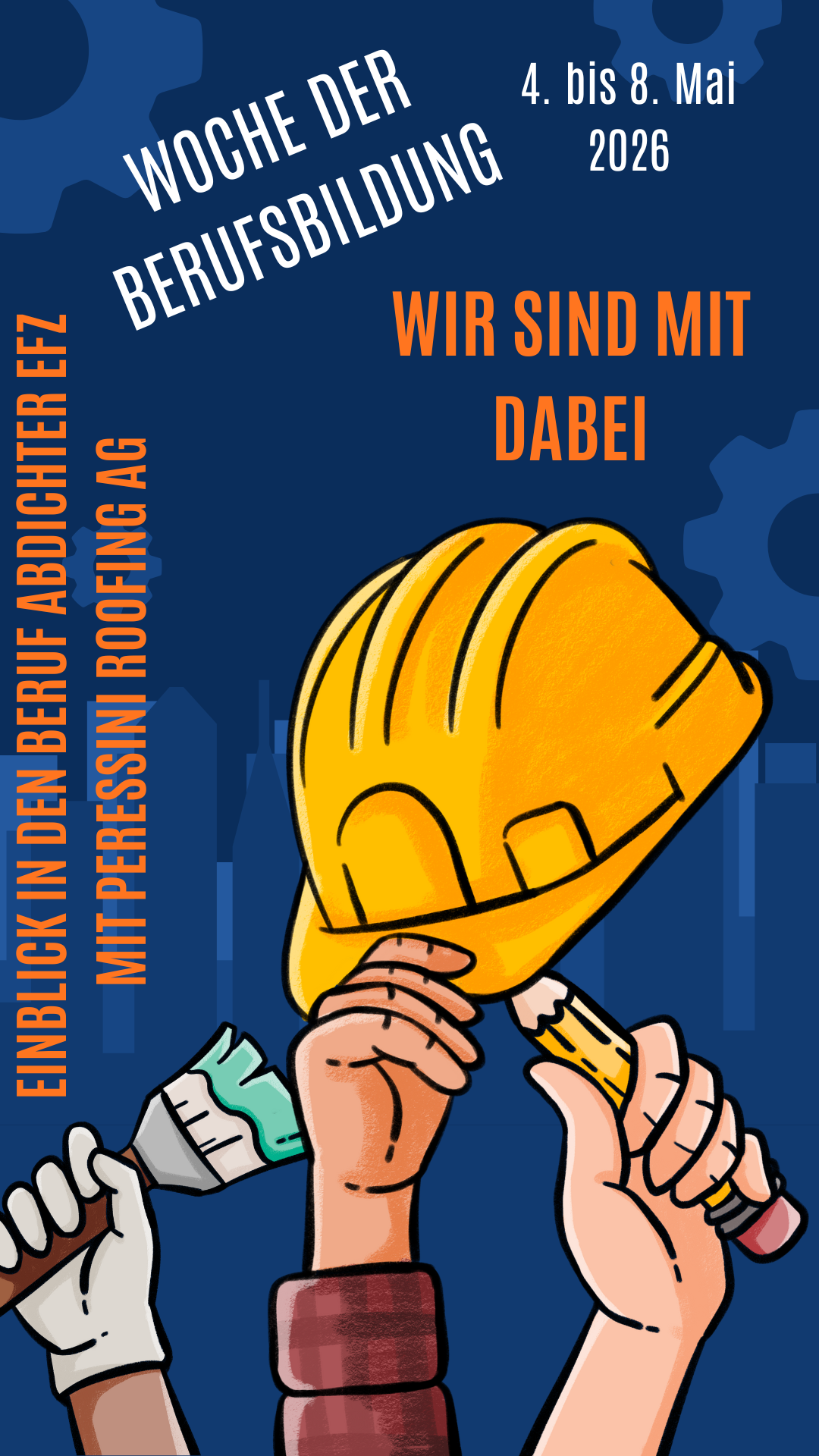 Logo der Peressini Roofing AG: blaues Dreieck auf orangefarbenem Rechteck, mit dem Text „Abdichtungstechnik am Bau.“