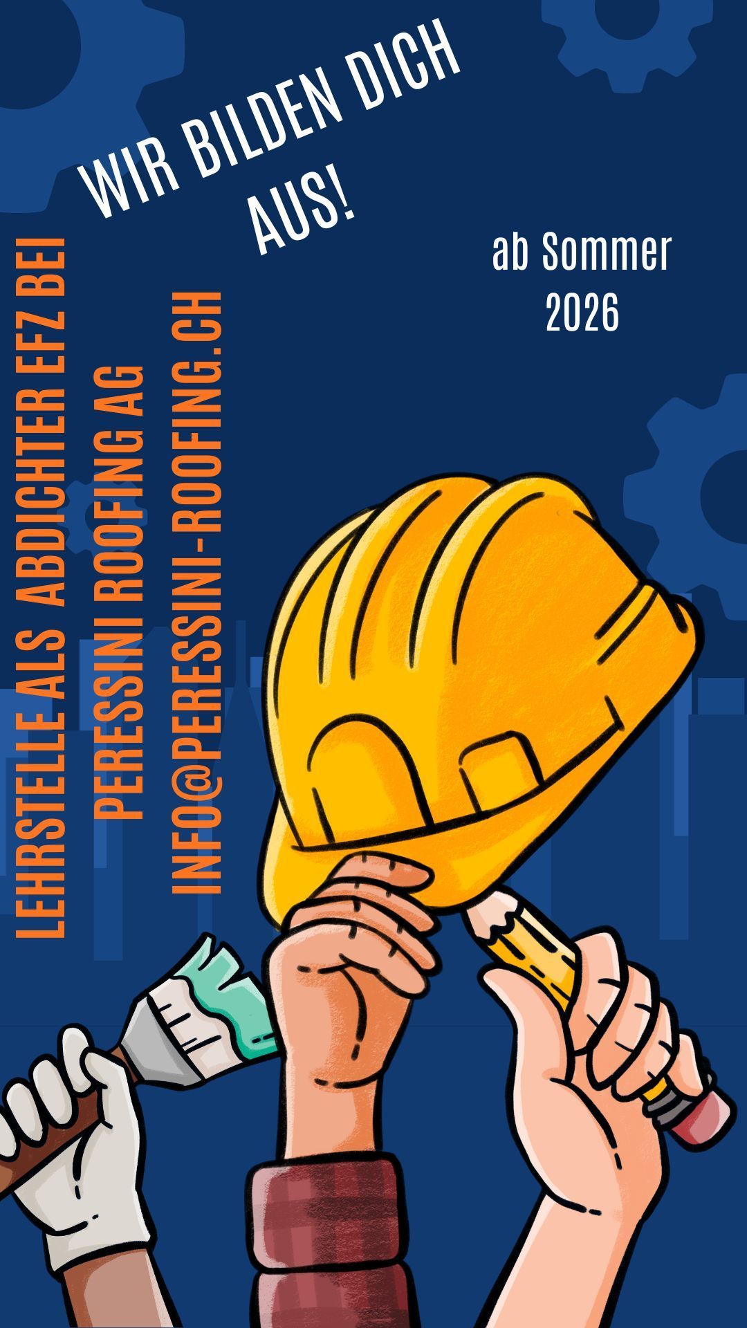 Logo der Peressini Roofing AG: blaues Dreieck auf orangefarbenem Rechteck, mit dem Text „Abdichtungstechnik am Bau.“