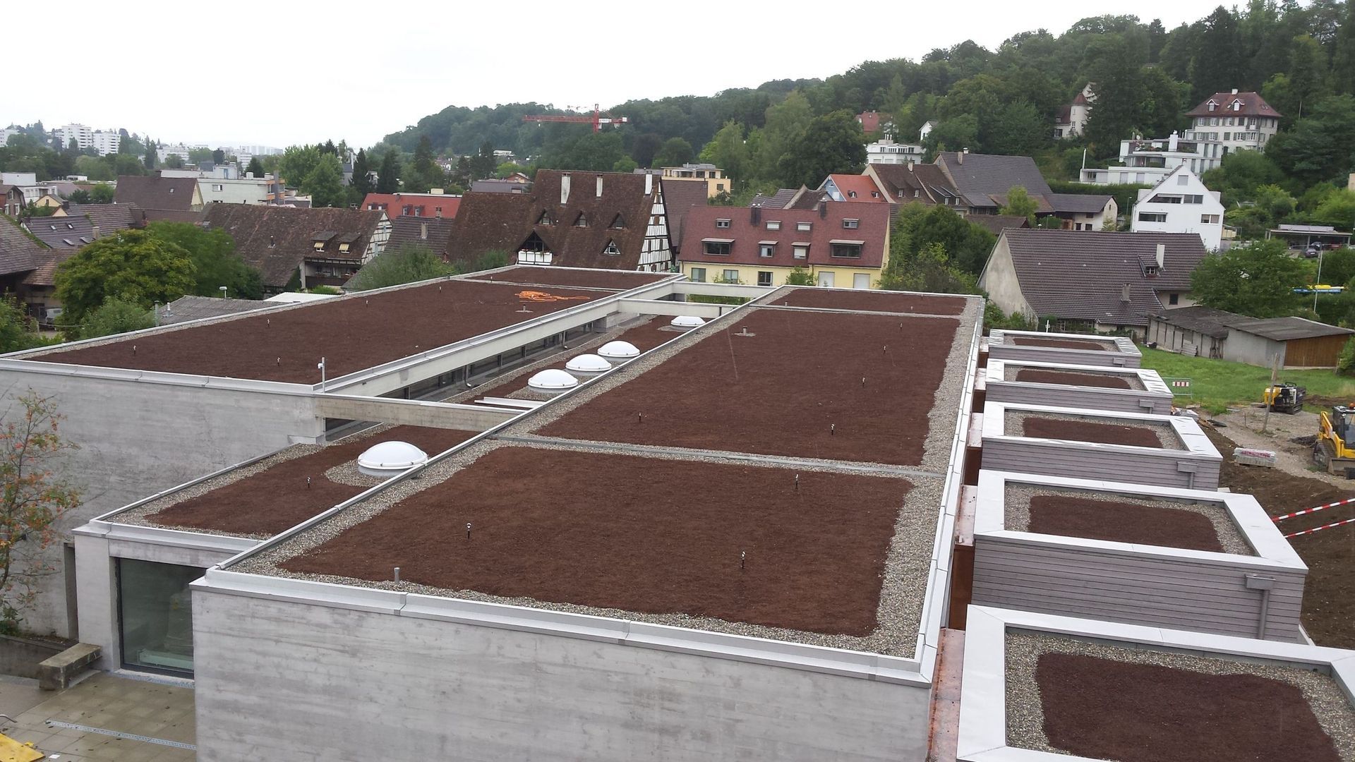 Gründächer auf einem Betongebäude, umgeben von anderen Gebäuden und Bäumen, in einer Stadtumgebung.