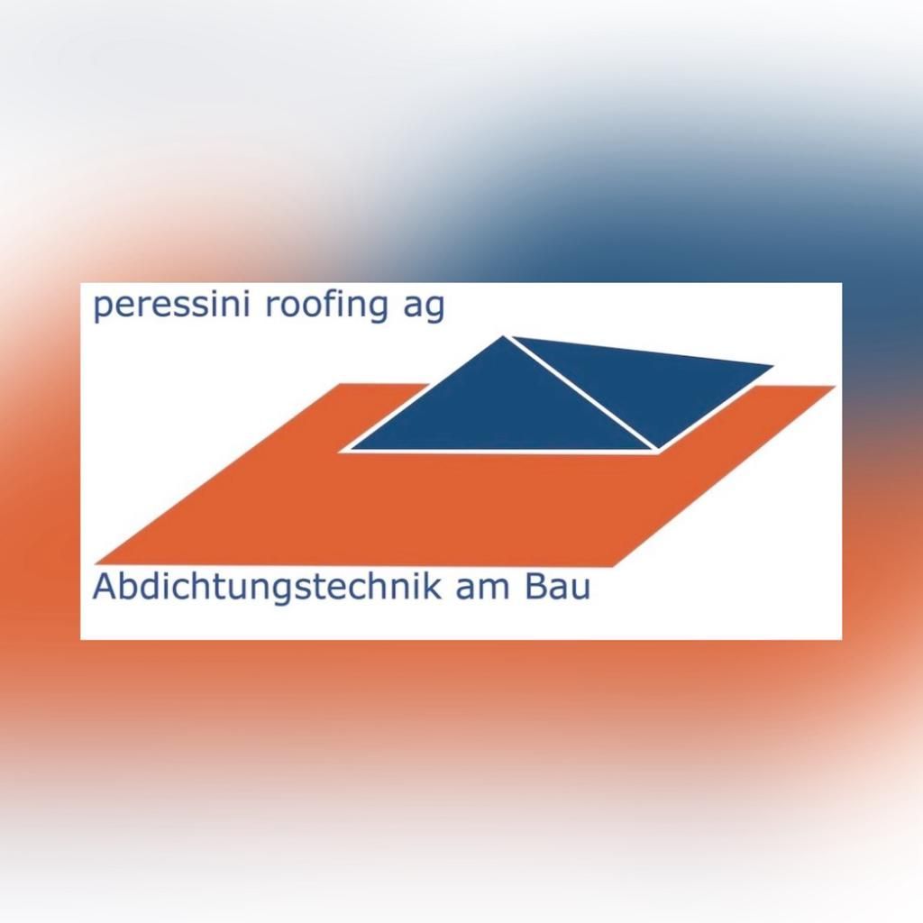 Logo der Peressini Roofing AG: blaues Dreieck auf orangefarbenem Rechteck, mit dem Text „Abdichtungstechnik am Bau.“