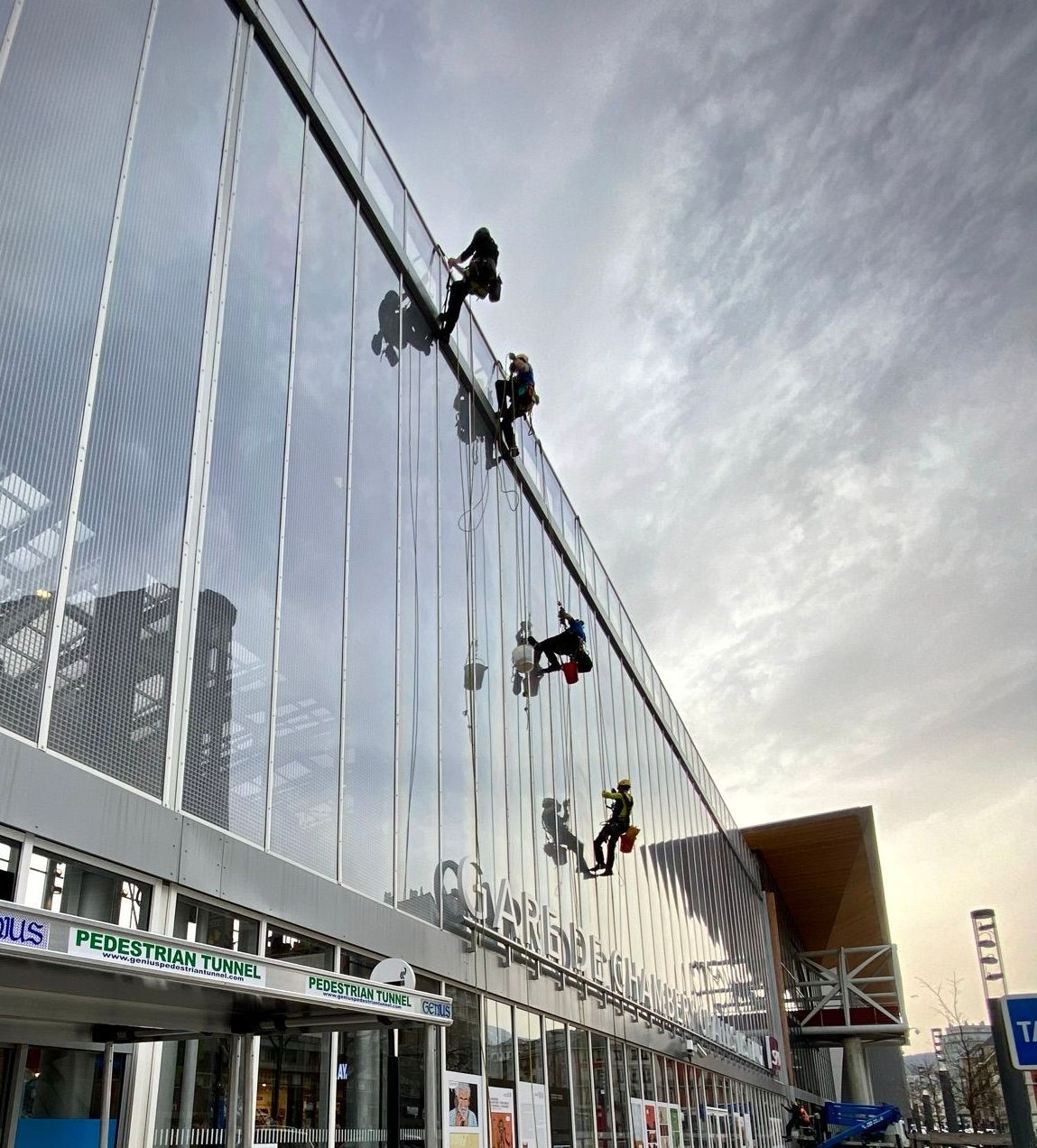 Quatre cordistes en intervention sur une façade vitrée