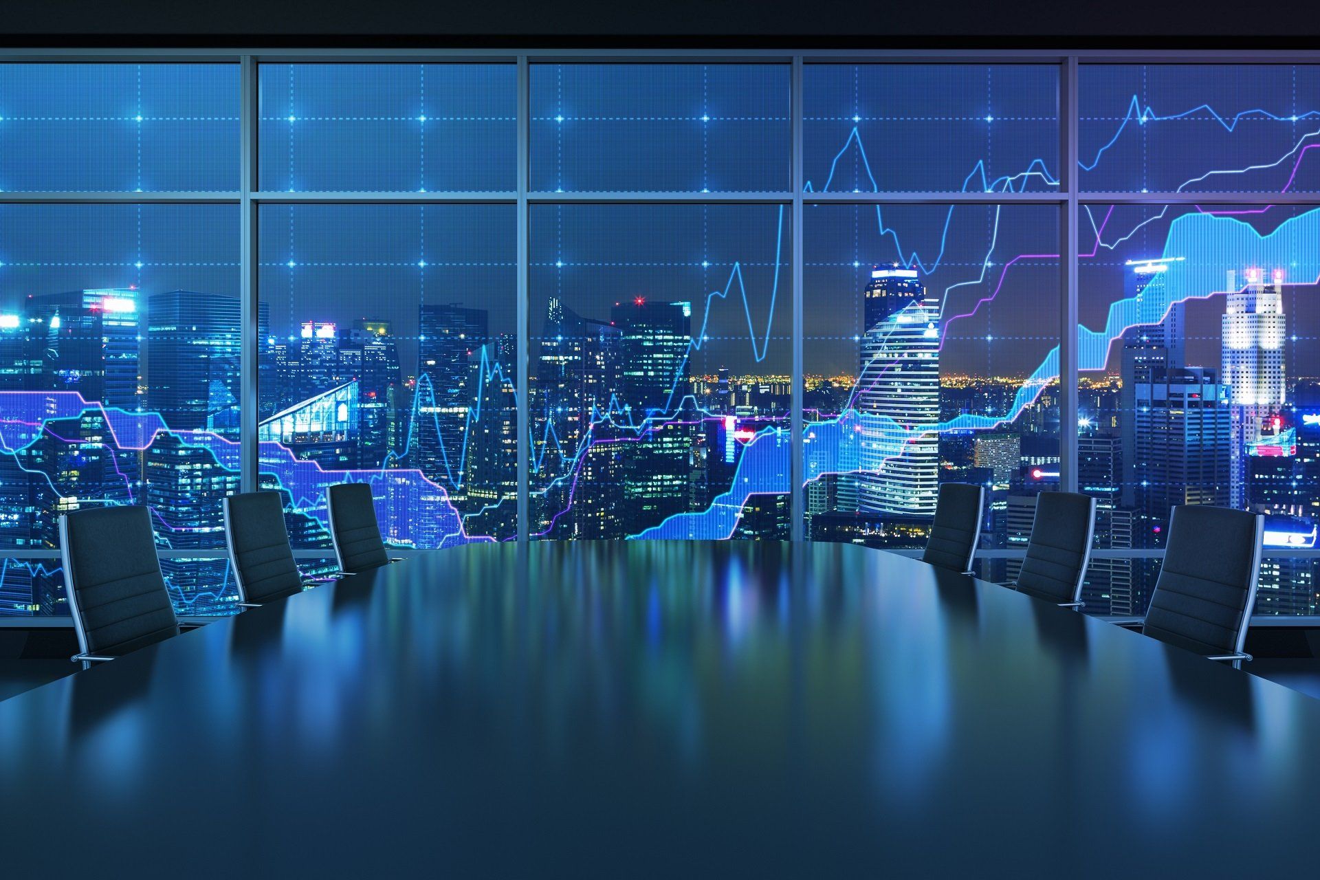 graphs on boardroom windows in blue
