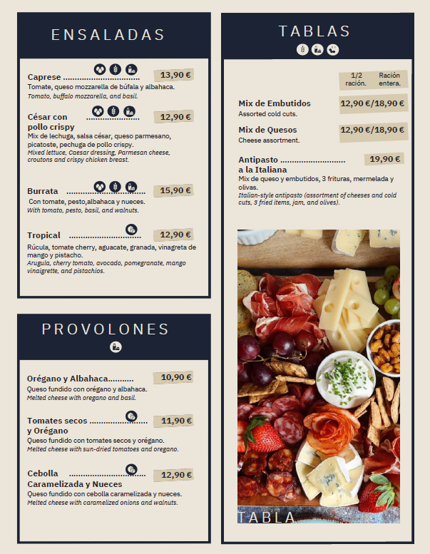 Menú con secciones para ensaladas, tablas y provolones. Incluye precios y descripciones.