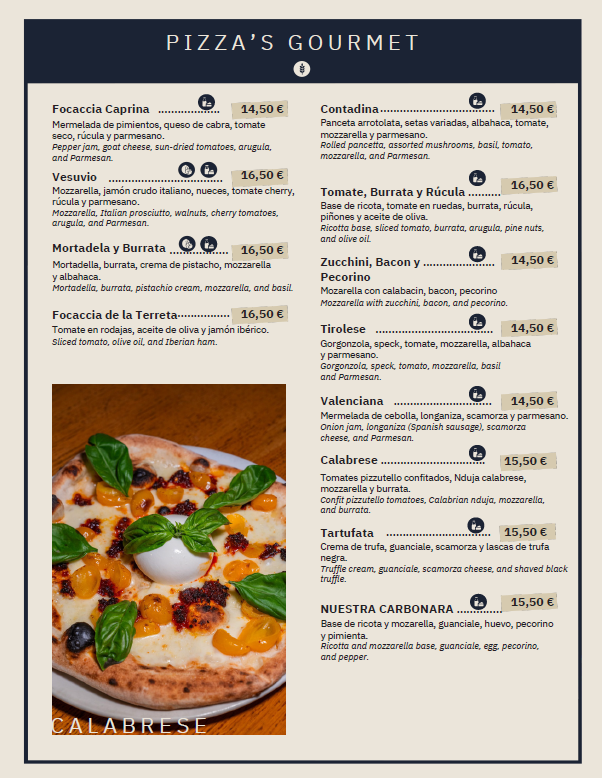 Menú de pizza con descripciones y foto de una pizza con queso y tomate.
