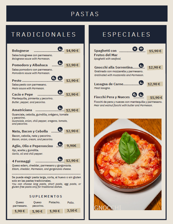 Menú de pastas: Opciones tradicionales y especiales listadas con precios y descripciones.