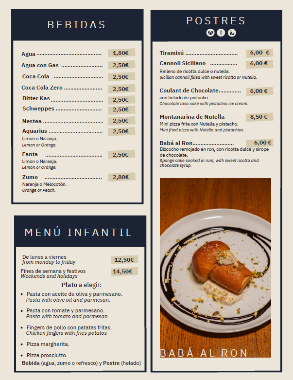 Carta con bebidas, postres y menú infantil, con foto de un postre en un plato.