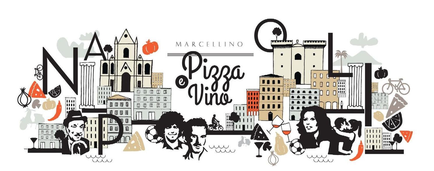 Logotipo para Pizza & Vino con ilustraciones del paisaje urbano de Nápoles y letras estilizadas.