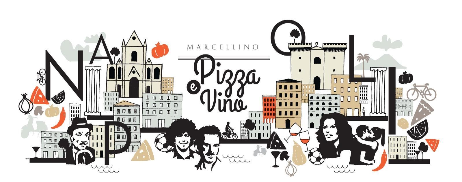 Logotipo para Pizza & Vino con ilustraciones del paisaje urbano de Nápoles y letras estilizadas.