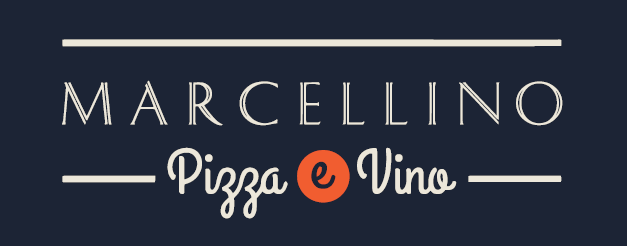 Logotipo para Marcellino Pizza e Vino; fondo azul oscuro, texto blanco, círculo naranja.