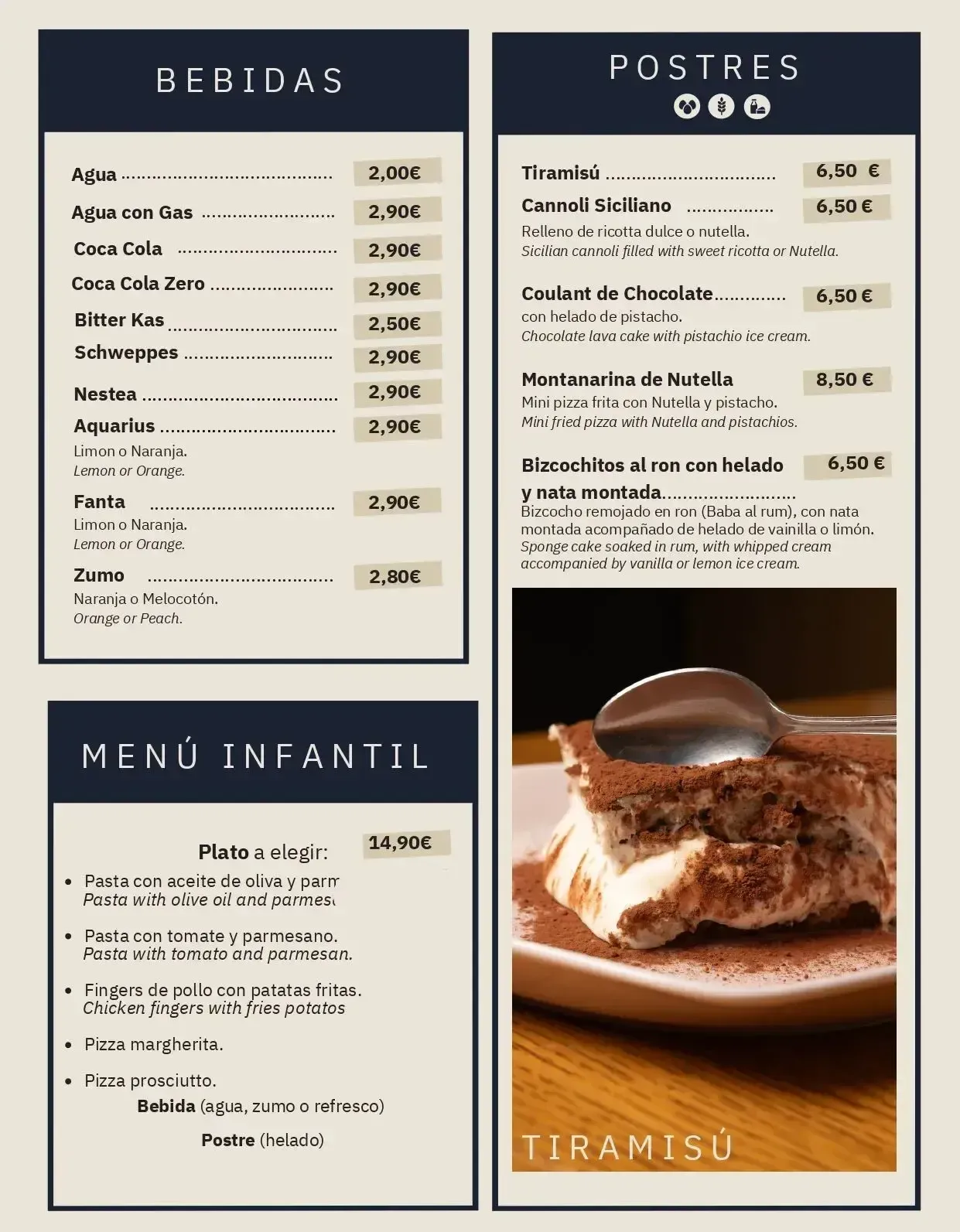 Carta con bebidas, postres y menú infantil, con foto de un postre en un plato.