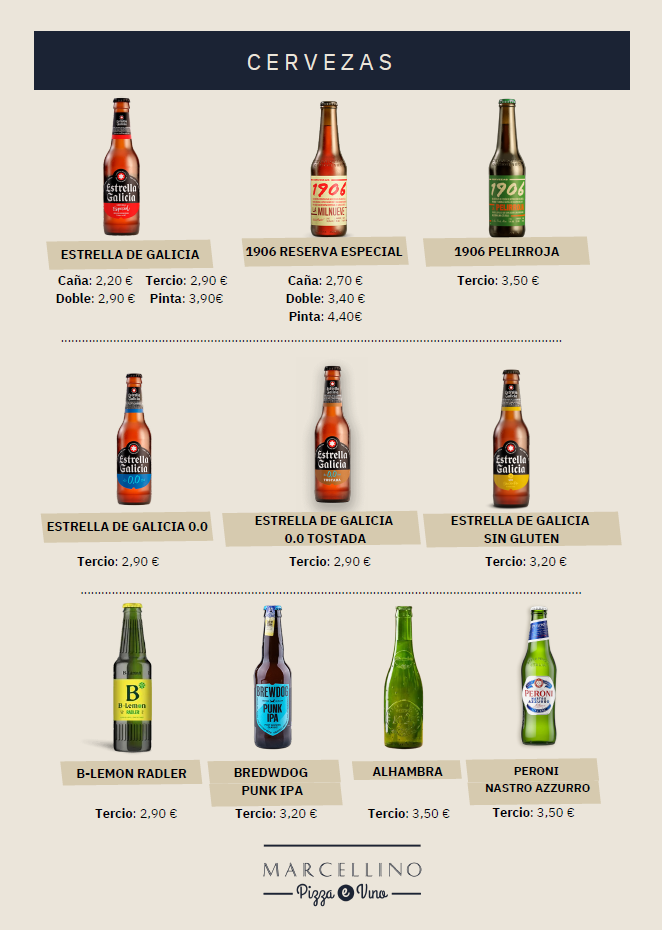 Carta de cervezas con varias botellas de cerveza y precios.