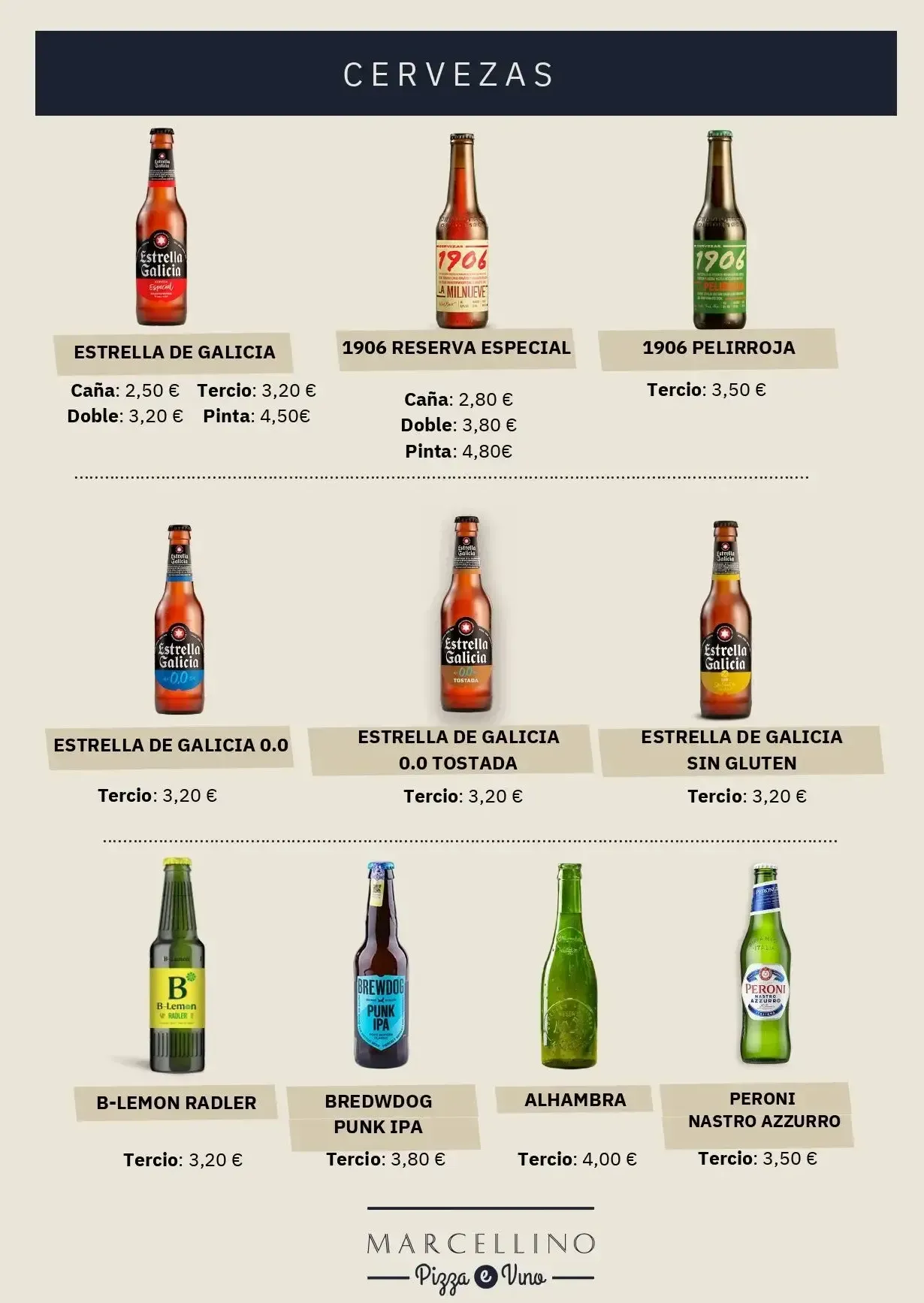 Carta de vinos con ilustraciones de botellas y precios.