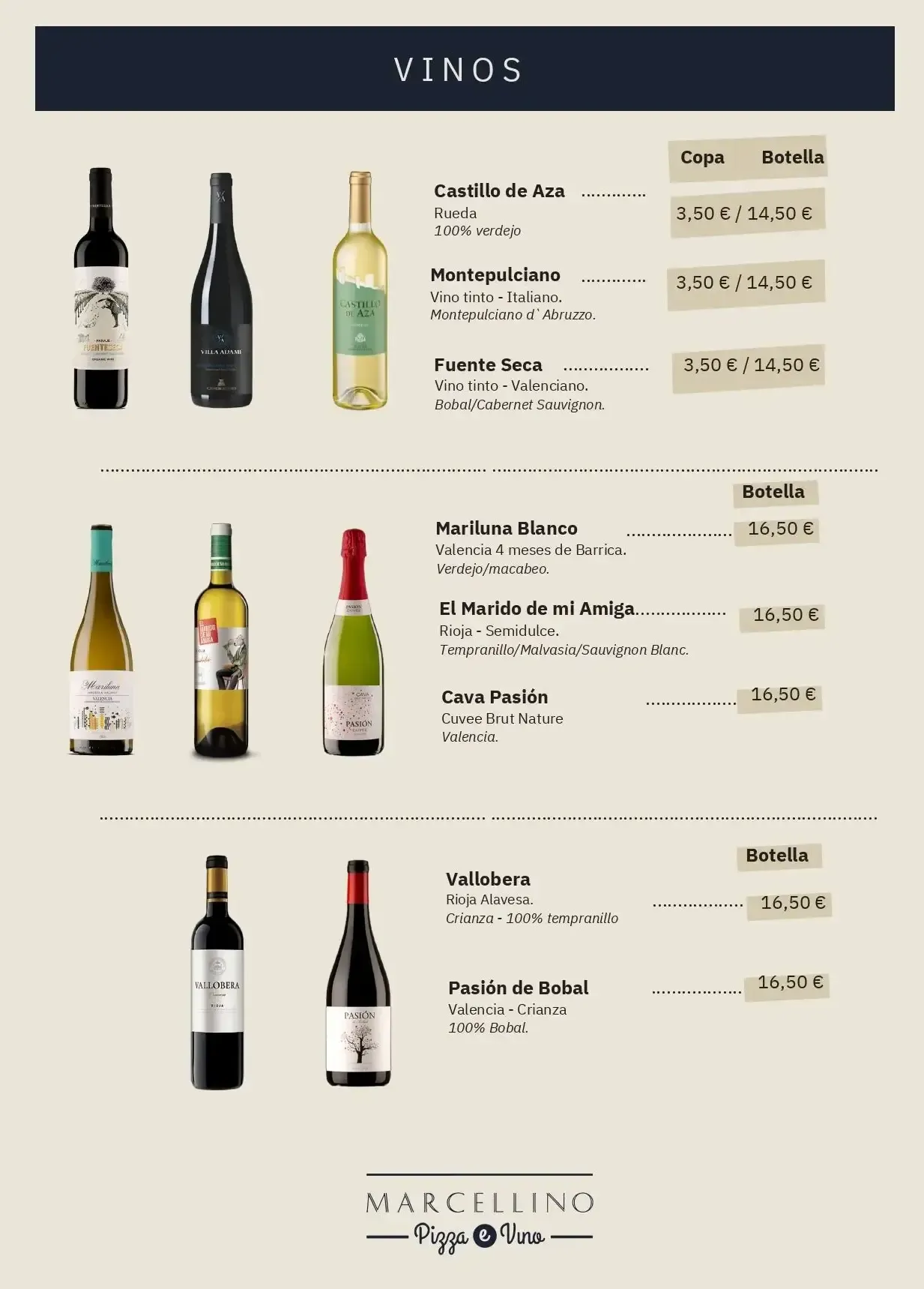 Carta de cervezas con varias botellas de cerveza y precios.
